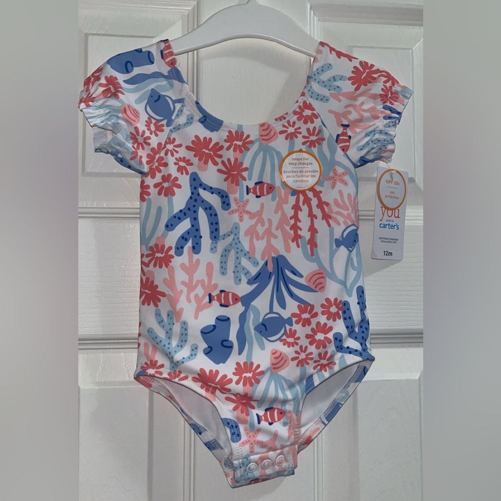 Carter's Pink and Blue One Piece Swimwear with Ocean Motifs